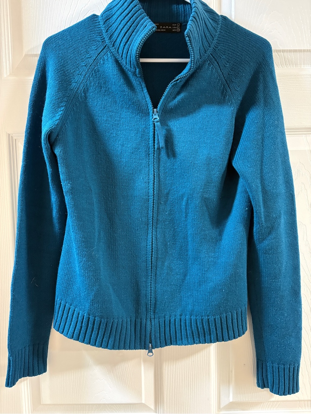 ZARA Teal Blue Wool Blend Full Zip Knit Sweater Cardigan Sz L